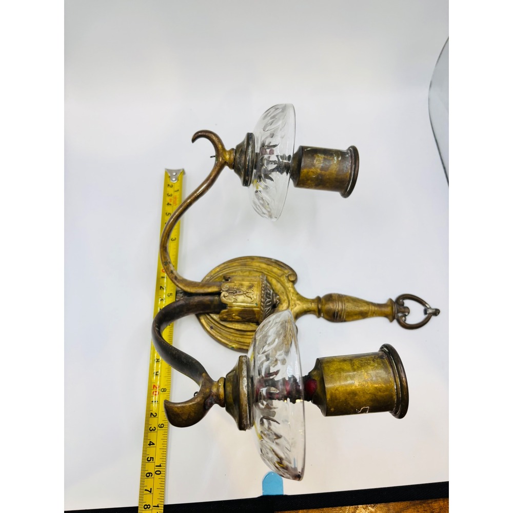 Antique Brass Double Wall Sconce Candle Holder with Glass Bobeches Vintage 2-Arm - Picture 9 of 10